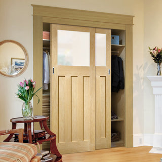 Image: Two Sliding Maximal Wardrobe Doors & Frame Kit - DX Oak Door - Obscure Glass - 1930's Style