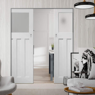 Image: Bespoke DX 1930's White Primed Glazed Double Frameless Pocket Door