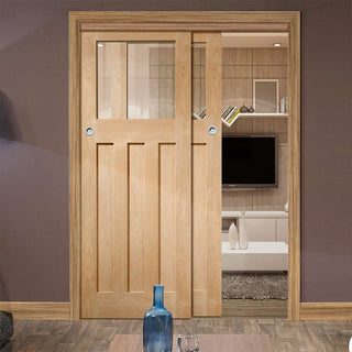 Image: Bespoke Thruslide DX 1930's Oak Glazed - 2 Sliding Doors and Frame Kit - Prefinished