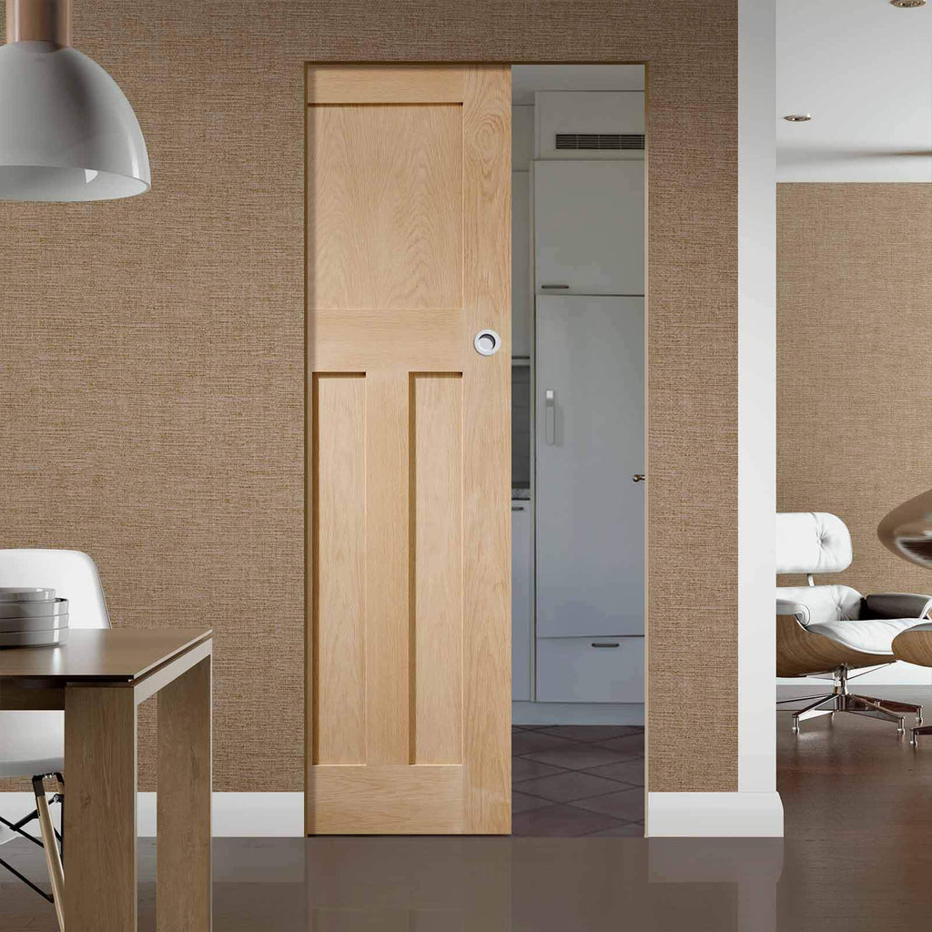 Bespoke DX 1930'S Oak Panel Single Frameless Pocket Door - Prefinished