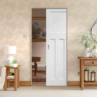 Image: Bespoke DX 1930's Panel Single Frameless Pocket Door - White Primed