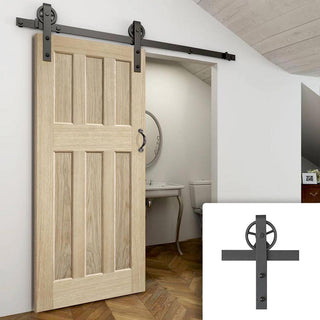 Image: Single Sliding Door & Wagon Wheel Black Track - DX 60's Nostalgia Oak Panel Door - Unfinished