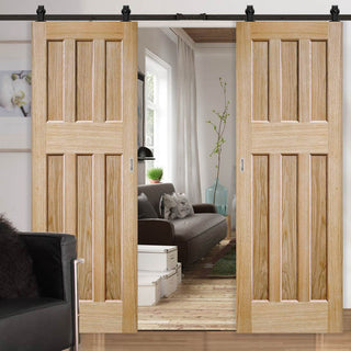 Image: Top Mounted Black Sliding Track & Double Door - DX 60's Nostalgia Oak Panel Doors - Unfinished