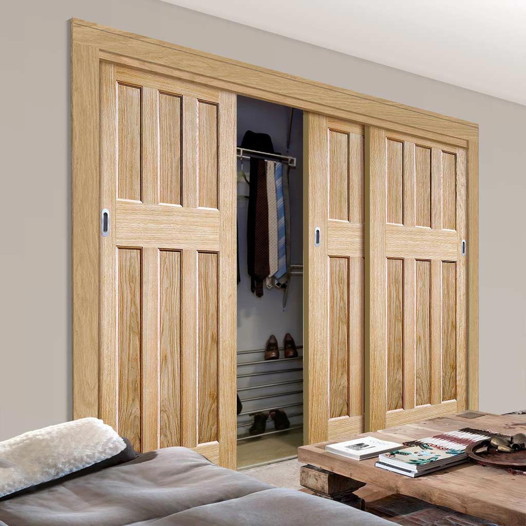 Three Sliding Wardrobe Doors & Frame Kit - DX 60's Nostalgia Oak Panel Door - Unfinished