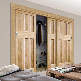 Image: Three Sliding Wardrobe Doors & Frame Kit - DX 60's Nostalgia Oak Panel Door - Unfinished