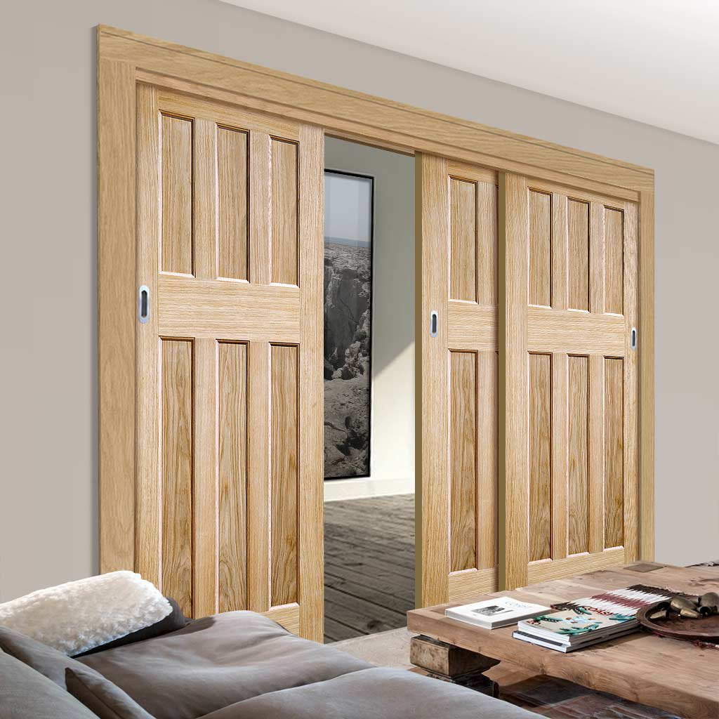 Three Sliding Doors and Frame Kit - DX 60's Nostalgia Oak Panel Door - Unfinished