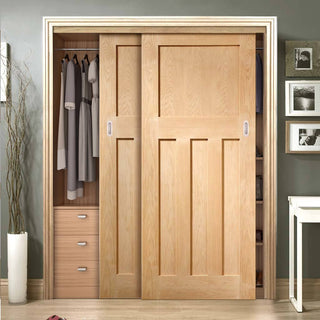 Image: Two Sliding Maximal Wardrobe Doors & Frame Kit - DX Oak Panel Door - 1930's Style
