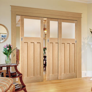 Image: Pass-Easi Three Sliding Doors and Frame Kit - DX 1930's Oak Door - Obscure Glass - Prefinished