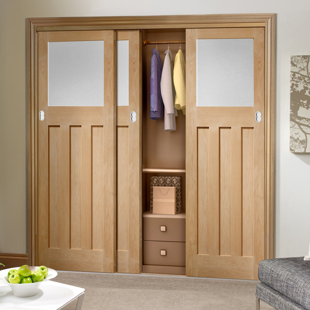 Three Sliding Maximal Wardrobe Doors & Frame Kit - DX Oak Door - Obscure Glass - 1930's Style