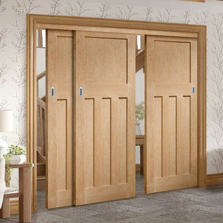 Image: Pass-Easi Three Sliding Doors and Frame Kit - DX Oak Panel Door - 1930's Style