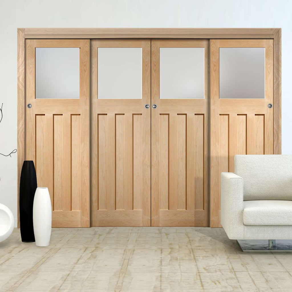 Pass-Easi Four Sliding Doors and Frame Kit - DX Oak Door - Obscure Glass - 1930's Style