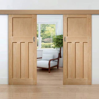 Image: Double Sliding Door & Wall Track - DX Oak Panel Door - 1930's Style