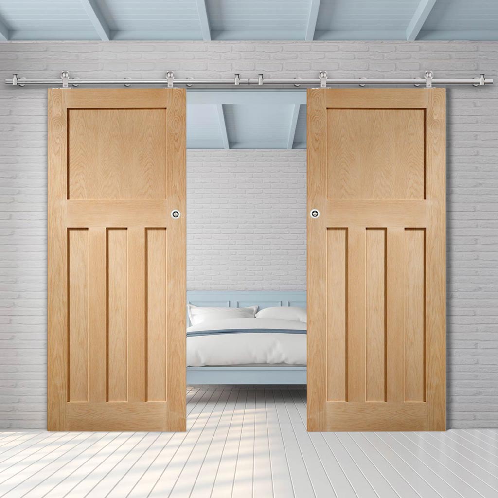 Sirius Tubular Stainless Steel Sliding Track & DX Oak Panel Double Door - 1930's Style