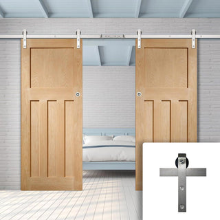 Image: Double Sliding Door & Stainless Steel Barn Track - DX Oak Panel Door - 1930's Style -Unfinished
