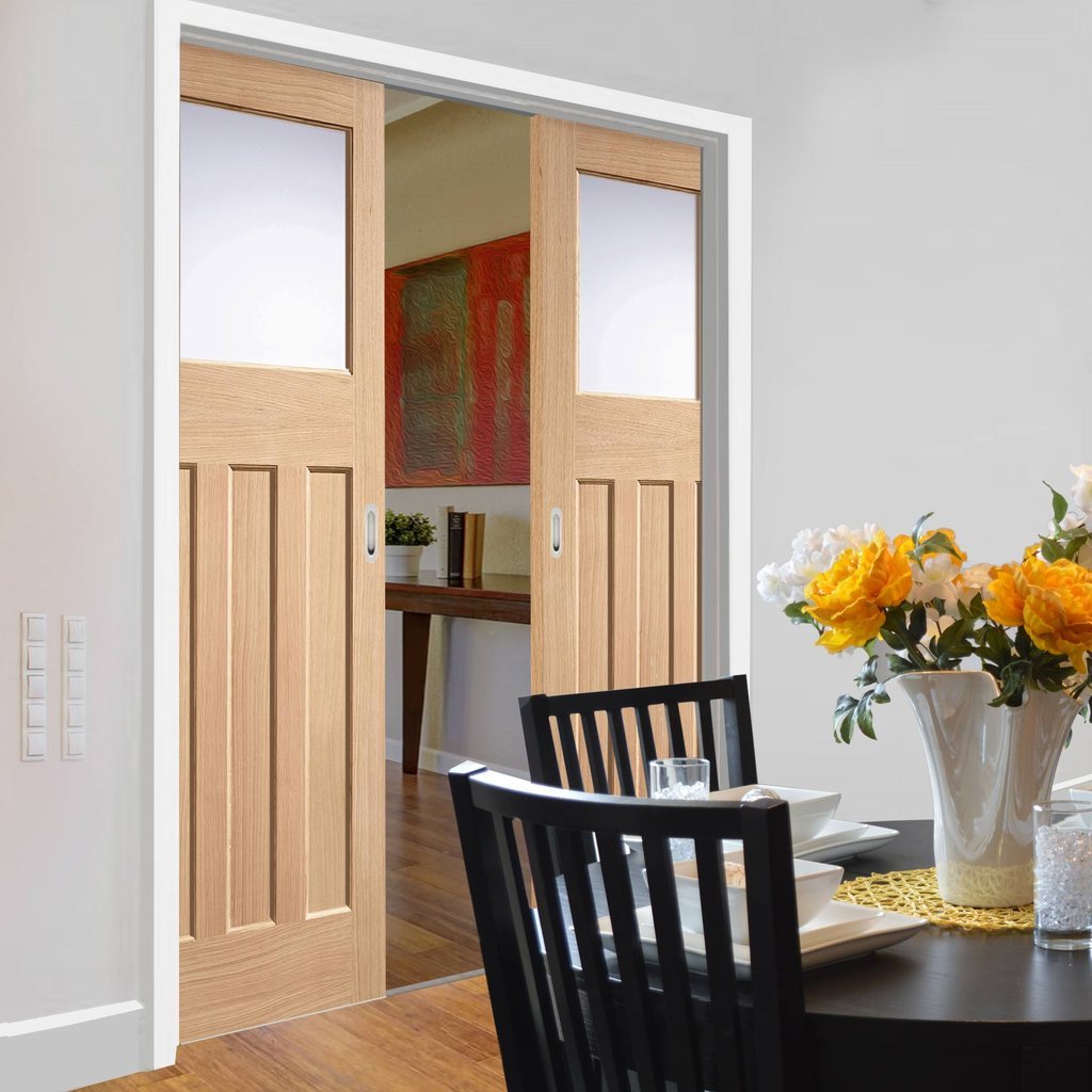 DX 1930's Oak Double Evokit Pocket Doors - Frosted Glass - Prefinished
