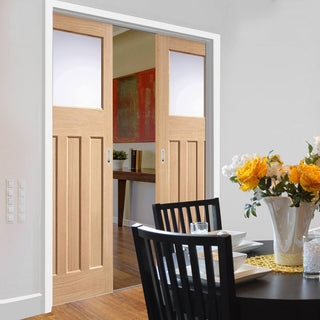 Image: DX 1930's Oak Double Evokit Pocket Doors - Frosted Glass - Prefinished