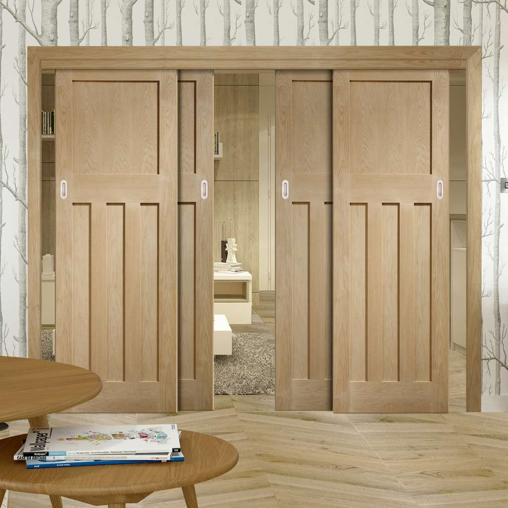 Four Sliding Doors and Frame Kit - DX 1930'S Oak Panel Door - Prefinished