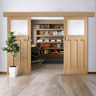 Image: Double Sliding Door & Wall Track - DX 1930's Oak Door - Obscure Glass - Prefinished