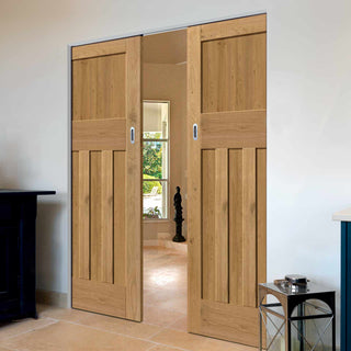 Image: Rustic Oak 1930 DX Shaker Absolute Evokit Double Pocket Doors - Prefinished