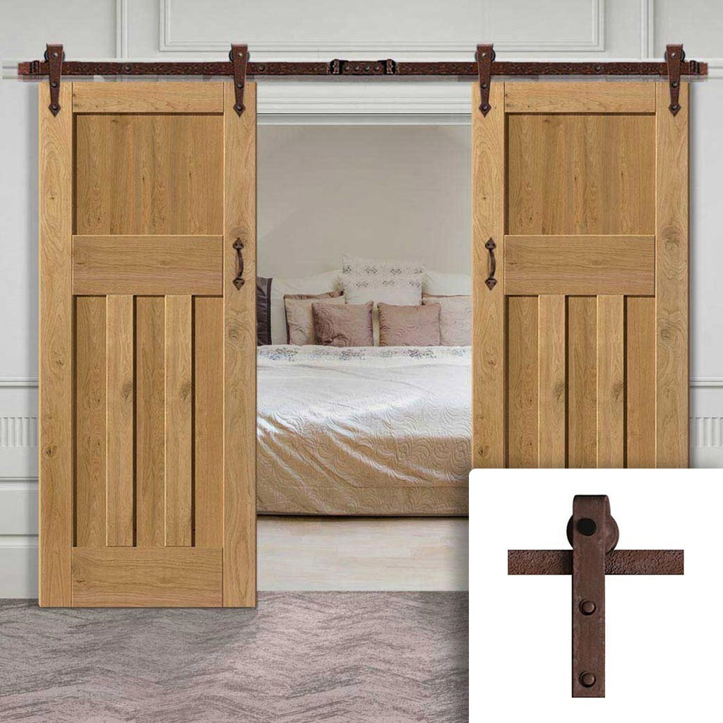 Double Sliding Door & Straight Antique Rust Track - Rustic 1930 DX Shaker Oak Doors - Prefinished