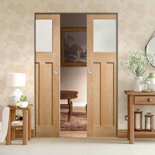 Image: Bespoke DX 1930's Oak Glazed Double Frameless Pocket Door - Prefinished