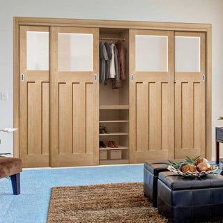 Image: Four Sliding Maximal Wardrobe Doors & Frame Kit - DX 1930's Oak Door - Obscure Glass - Prefinished