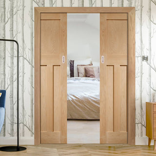 Image: Bespoke DX 1930'S Oak Panel Double Pocket Door - Prefinished