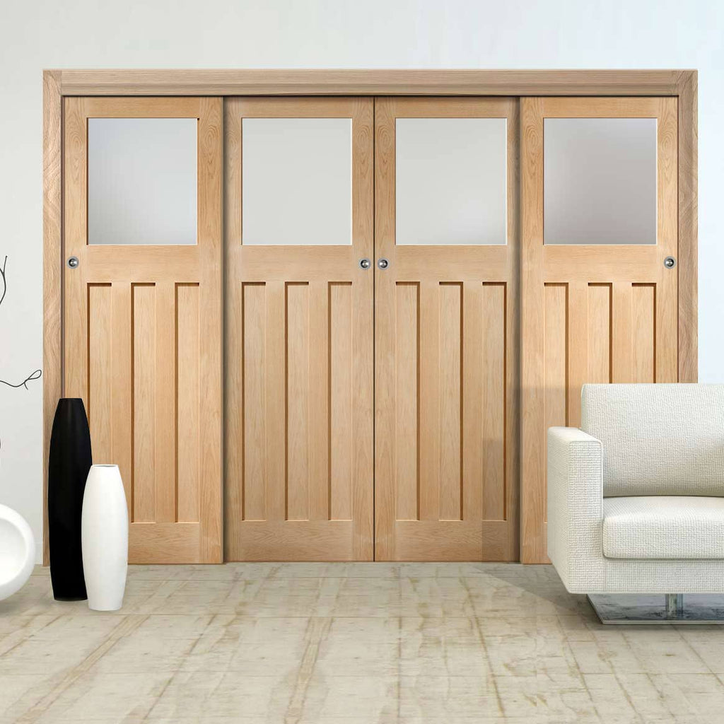 Four Sliding Maximal Wardrobe Doors & Frame Kit - DX Oak Door - Obscure Glass - 1930's Style