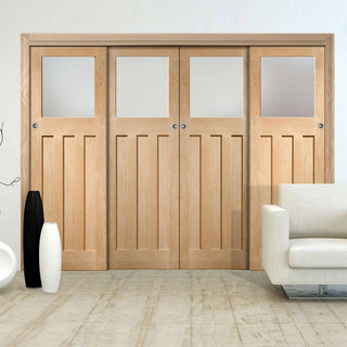 Image: Four Sliding Maximal Wardrobe Doors & Frame Kit - DX Oak Door - Obscure Glass - 1930's Style