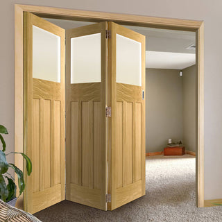 Image: Three Folding Doors & Frame Kit - 1930's Oak Solid 3+0 - Frosted Glass - Unfinished