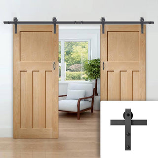 Image: Double Sliding Door & Black Barn Track - DX 1930'S Oak Panel Door - Prefinished