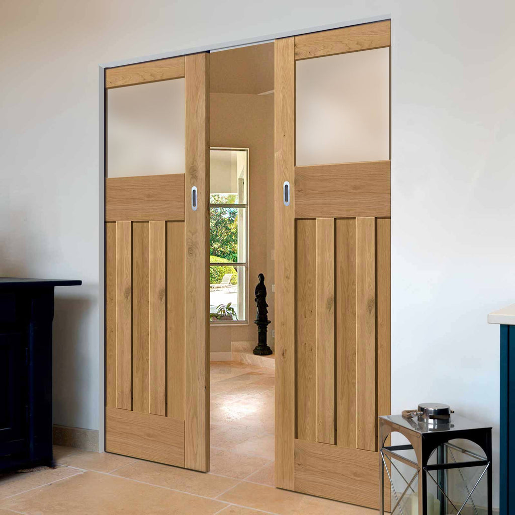 Rustic Oak 1930 DX Shaker Absolute Evokit Double Pocket Doors - Prefinished - Obscure Glass