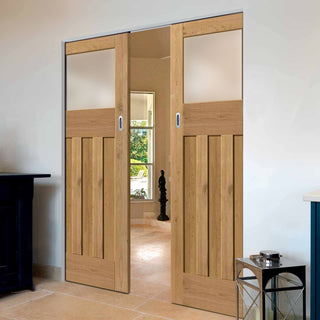 Image: Rustic Oak 1930 DX Shaker Absolute Evokit Double Pocket Doors - Prefinished - Obscure Glass