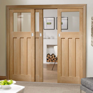 Image: Bespoke Thruslide DX Oak 1930's Glazed - 3 Sliding Doors and Frame Kit