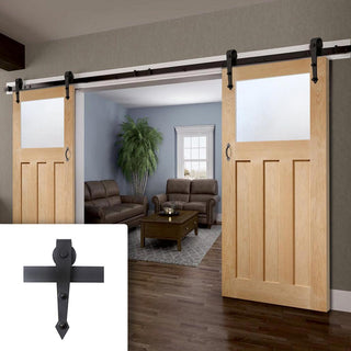 Image: Double Sliding Door & Arrowhead Black Track - DX Oak Door - Obscure Glass - 1930's Style - Unfinished