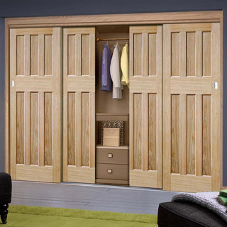 Image: Four Sliding Wardrobe Doors & Frame Kit - DX 60's Nostalgia Oak Panel Door - Unfinished