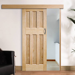 Image: Single Sliding Door & Wall Track - DX 60's Nostalgia Oak Panel Door - Unfinished