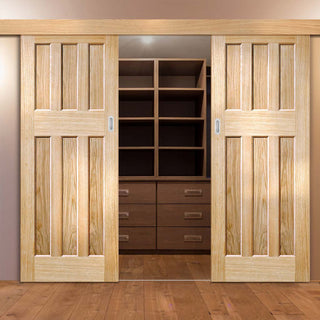 Image: Double Sliding Door & Wall Track - DX 60's Nostalgia Oak Panel Doors - Unfinished