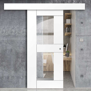 Image: Single Sliding Door & Wall Track - Eccentro White Primed Door - Clear Glass