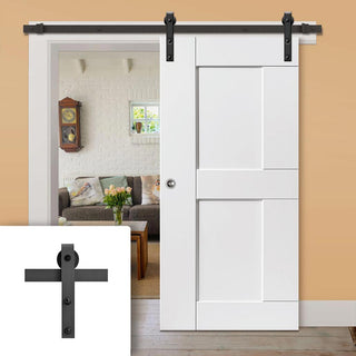 Image: Single Sliding Door & Black Barn Track - Eccentro White Panelled Door - Prefinished