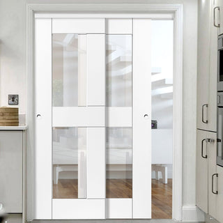 Image: Two Sliding Doors and Frame Kit - Eccentro White Primed Door - Clear Glass