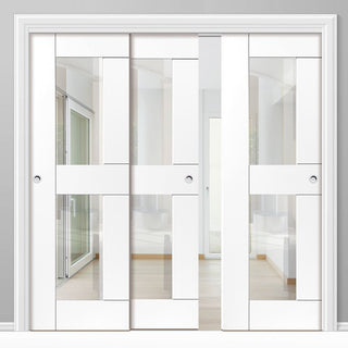 Image: Three Sliding Doors and Frame Kit - Eccentro White Primed Door - Clear Glass