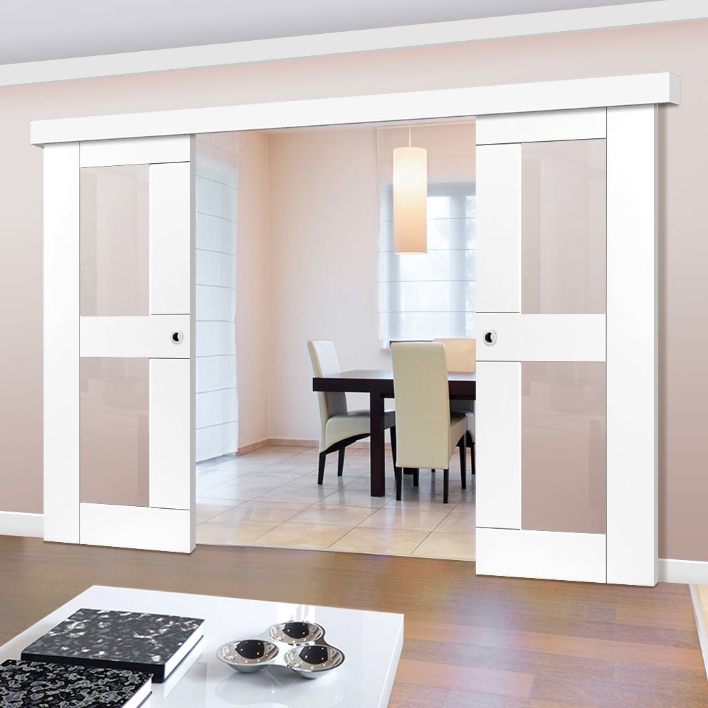 Double Sliding Door & Wall Track - Eccentro White Primed Doors - Clear Glass