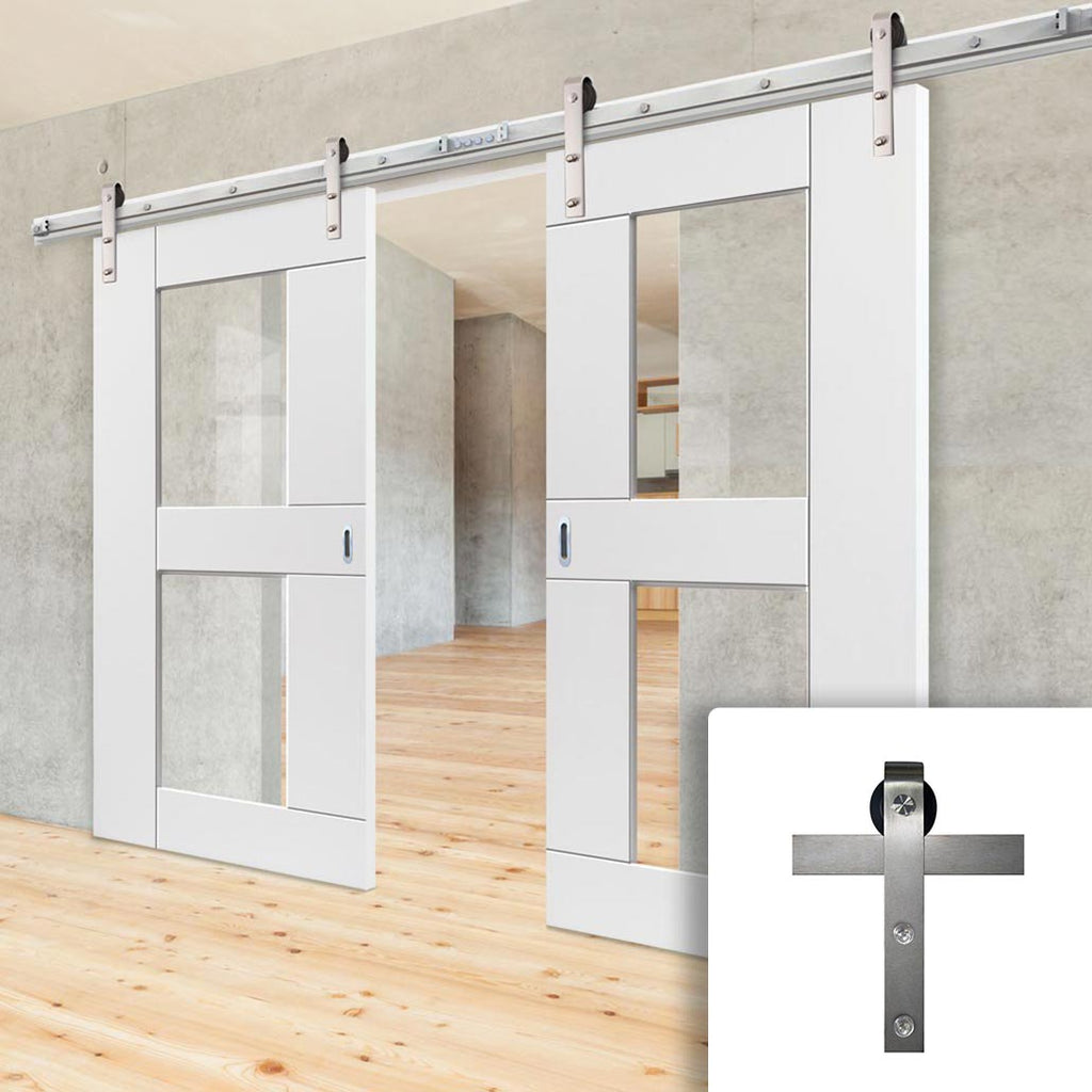 Double Sliding Door & Stainless Steel Barn Track - Eccentro White Doors - Clear Glass - Prefinished