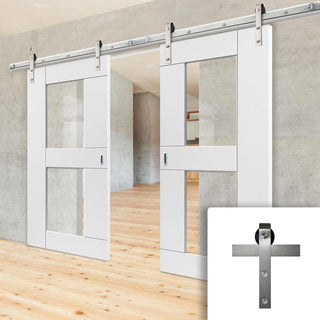 Image: Double Sliding Door & Stainless Steel Barn Track - Eccentro White Doors - Clear Glass - Prefinished