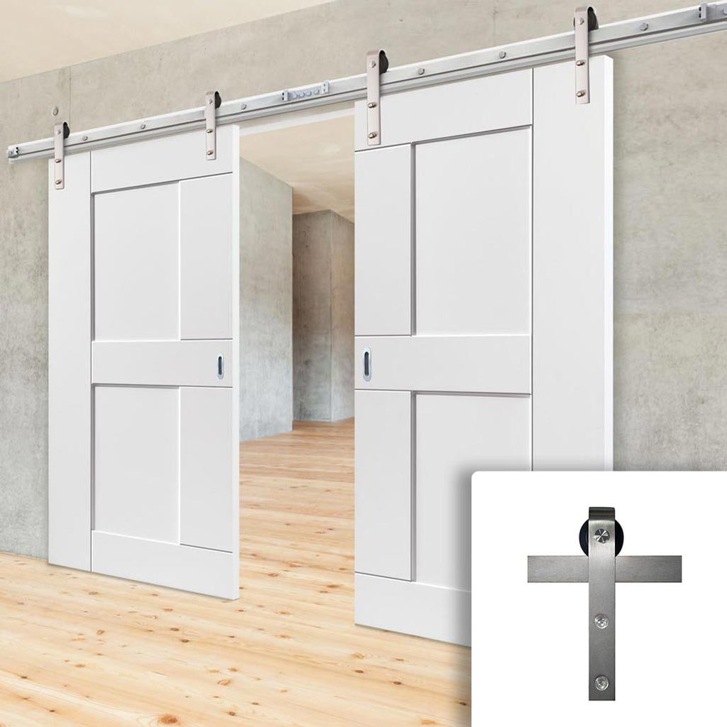 Double Sliding Door & Stainless Steel Barn Track - Eccentro White Panelled Doors - Prefinished