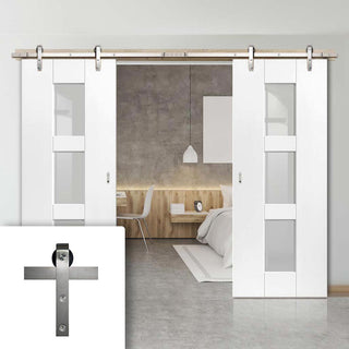 Image: Double Sliding Door & Stainless Steel Barn Track - Geo White Doors - Clear Glass