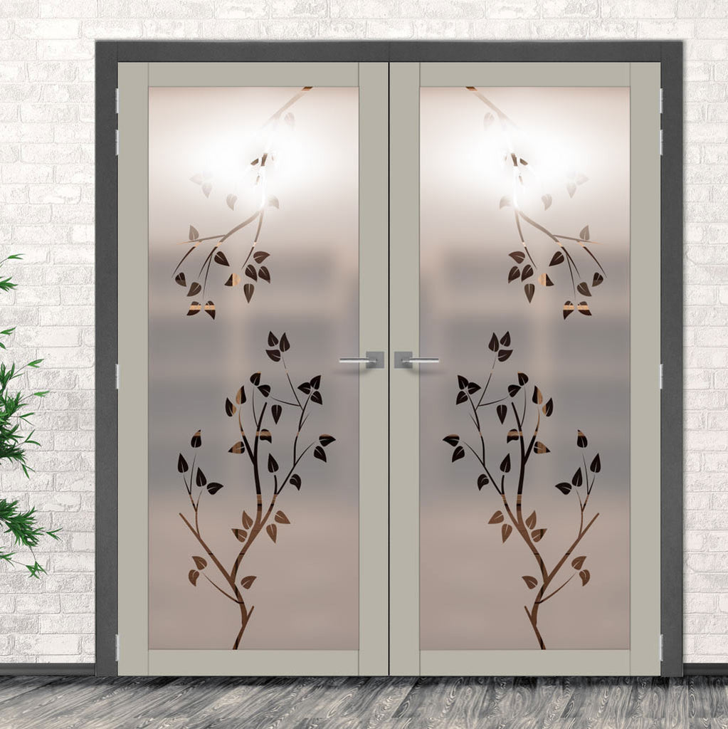 Artisan Solid Wood Internal Door Pair - Birch Tree 6mm Obscure Glass - Clear Printed Design - Eco-Urban® 6 Premium Primed Colour Choices