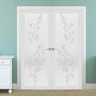 Image: Artisan Solid Wood Internal Door Pair - Birch Tree 6mm Obscure Glass - Obscure Printed Design - Eco-Urban® 6 Premium Primed Colour Choices