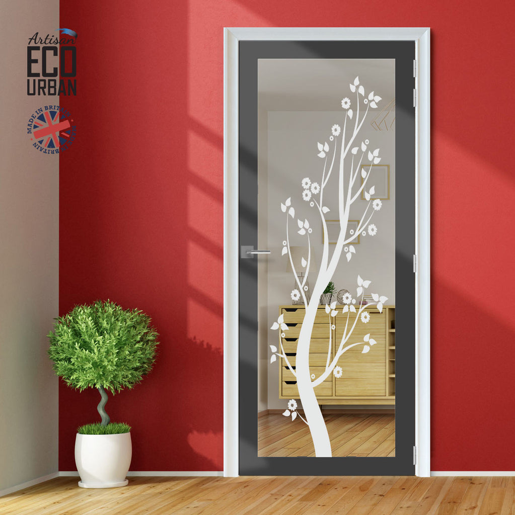 Artisan Solid Wood Internal Door - Blooming Tree 6mm Clear Glass - Obscure Printed Design - Eco-Urban® 6 Premium Primed Colour Choices